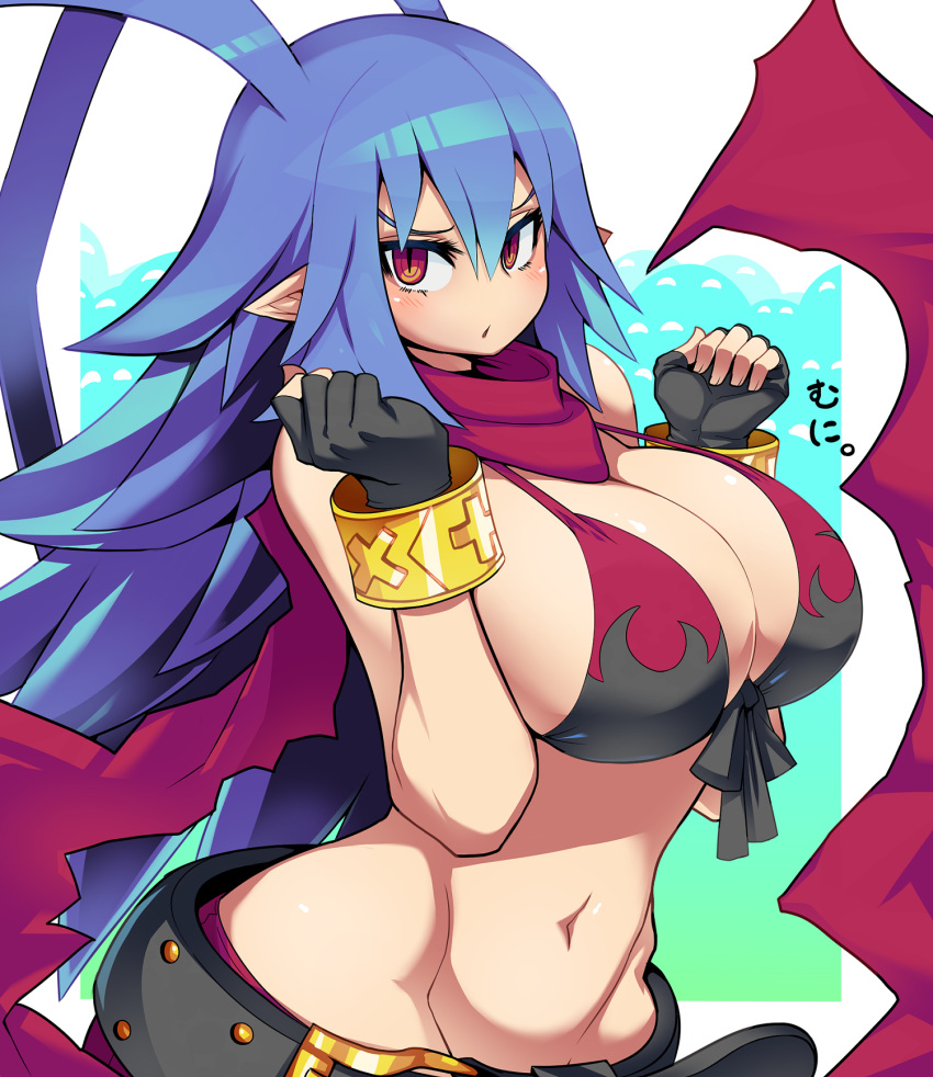 1girl antenna_hair belt bikini bikini_top blue_hair bracelet breast_squeeze breasts disgaea disgaea_d2 fingerless_gloves flame_print genderswap gloves groin highres jewelry kara_age laharl-chan large_breasts long_hair navel pointy_ears red_eyes scarf swimsuit