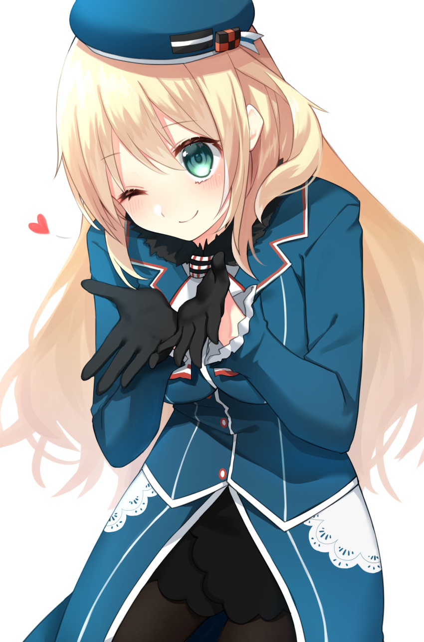 1girl atago_(kantai_collection) beret black_gloves black_legwear black_skirt blonde_hair blue_headwear blue_jacket blush breasts eyebrows_visible_through_hair frilled_sleeves frills gloves green_eyes hair_between_eyes hat heart highres jacket kantai_collection katsuobushi_(eba_games) large_breasts long_hair long_sleeves looking_at_viewer medium_breasts military military_uniform one_eye_closed pantyhose simple_background skirt smile solo uniform white_background