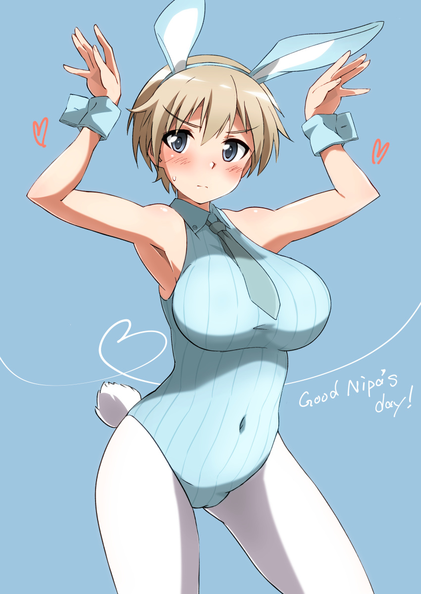 1girl absurdres animal_ears armpits blonde_hair blue_background blue_eyes blue_leotard blush brave_witches breasts bunny_ears bunny_pose bunny_tail cameltoe closed_mouth covered_navel eyebrows_visible_through_hair fake_animal_ears fake_tail highres large_breasts leotard looking_at_viewer necktie nikka_edvardine_katajainen pantyhose playboy_bunny shiny shiny_hair shiny_skin short_hair simple_background solo sweat tail tricky_46 white_legwear world_witches_series