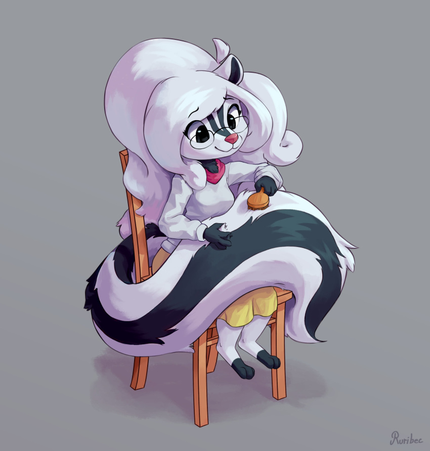 2020 absurd_res anthro black_body black_fur brushing_tail chair clothed clothing eyewear female fully_clothed fur furniture glasses grey_background hair hi_res mammal mephitid personal_grooming ruribec signature simple_background sitting skunk smile solo white_body white_fur white_hair