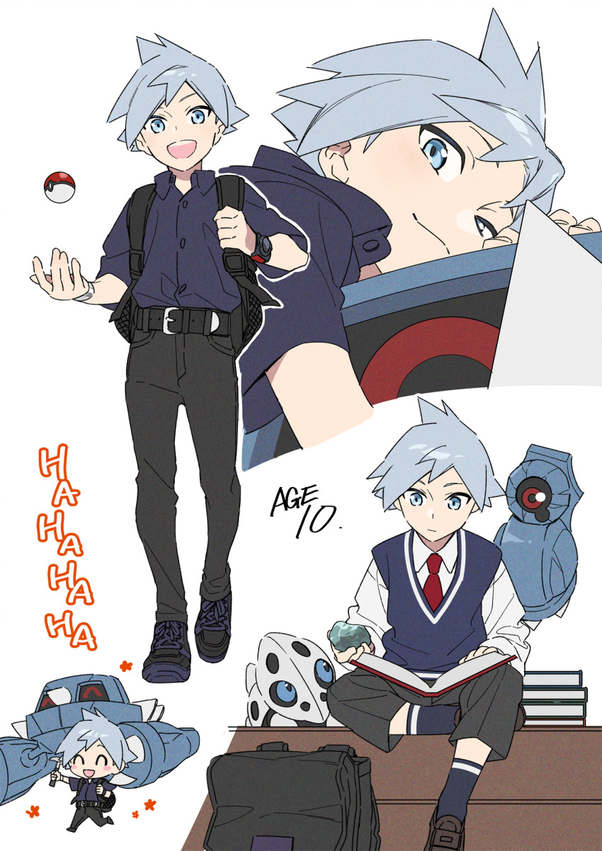 1boy aron backpack bag beldum belt black_bag black_pants blue_eyes book buttons closed_mouth collared_shirt commentary_request gen_3_pokemon grey_hair highres holding holding_book holding_strap looking_at_viewer male_focus metang multiple_views necktie open_mouth pants poke_ball poke_ball_(basic) pokemon pokemon_(creature) pokemon_(game) pokemon_rse red_neckwear shirt shoes sitting smile sneakers socks steven_stone teeth vest white_background white_shirt xia_(ryugo) younger