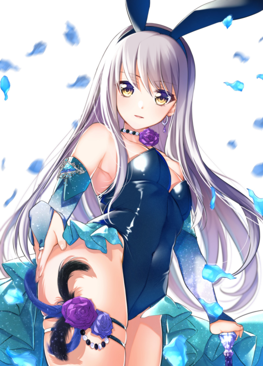 1girl animal_ears armpits bang_dream! bangs bare_legs blue_flower blue_gloves blue_leotard blue_rose blush breasts bridal_gauntlets bunny_ears choker commentary covered_navel cowboy_shot dutch_angle earrings elbow_gloves eyebrows_visible_through_hair fake_animal_ears flower flower_choker from_below gloves grey_hair hand_on_own_ass highleg highleg_leotard highres jewelry leotard long_hair looking_at_viewer minato_yukina petals playboy_bunny rose rose_petals sidelocks sleeveless small_breasts solo standing strapless strapless_leotard thigh_strap tsurugi_hikaru white_background yellow_eyes