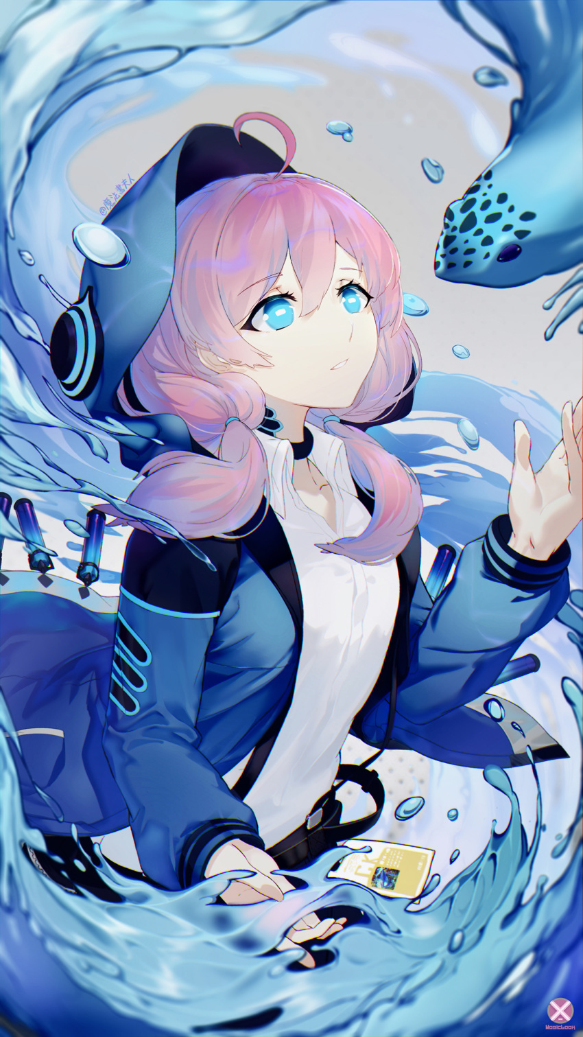 2019 5_fingers absurd_res ambiguous_gender amphibian arknights belt blue_body blue_eyes blue_poison_(arknights) choker clothing duo elemental_creature female fingers frog hair hi_res human human_focus jacket jewelry mahousho mammal necklace not_furry_focus pink_hair shirt solo_focus topwear