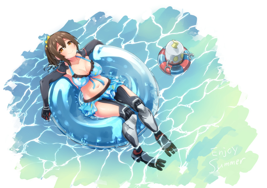 1girl alternate_costume alternate_hairstyle android armpits bikini bikini_skirt blue_bikini blush breasts brown_hair cleavage closed_mouth commentary english_commentary english_text full_body hair_between_eyes hololive innertube maco_(yamamac) mechanical_arms mechanical_legs medium_breasts medium_hair midriff navel orange_eyes ponytail roboco-san robosaa_(roboco) scrunchie smile solo swimsuit thighs virtual_youtuber water wet