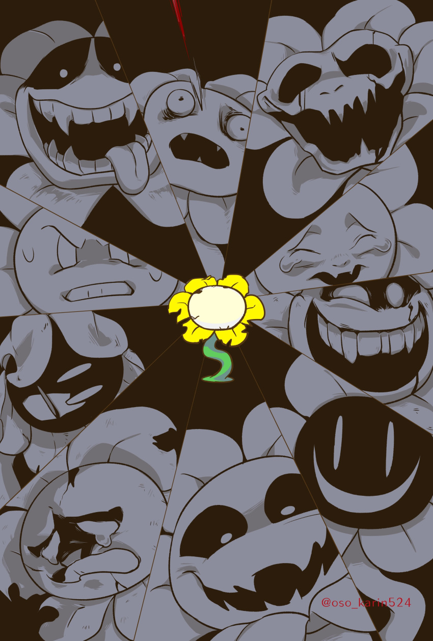 2020 absurd_res ambiguous_gender angry bodily_fluids clenched_teeth creepy crying digital_media_(artwork) elemental_creature faceless_character flora_fauna flower flower_creature flowey_the_flower green_body hi_res legless open_mouth open_smile oso_karin524 plant sharp_teeth smile solo sweat tears teeth tongue tongue_out undertale video_games villainous white_body wounded yellow_body