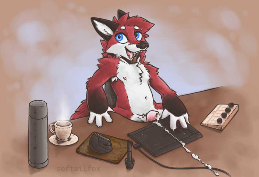 anthro armpit_hair belly beverage blue_eyes bodily_fluids body_hair canid canine chair crotch_fluff cum cum_trail desk drawing_tablet fluffy fluffy_chest fluffy_neck_fur fluffy_shoulders fluffy_tail fox fur furniture genital_fluids male mammal mouse_pad neck_tuft nipples nude office_chair red_body red_fox red_fur simple_background softailfox solo tablet tea thermos tuft white_belly white_body white_fur
