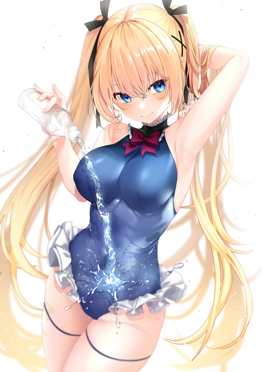 1girl absurdres arm_up armpits azur_lane black_ribbon blonde_hair blue_eyes blue_swimsuit bottle bow bowtie breasts cowboy_shot dead_or_alive dead_or_alive_5 frilled_swimsuit frills hair_ornament hair_ribbon highres holding holding_bottle large_breasts long_hair looking_at_viewer marie_rose one-piece_swimsuit pouring pouring_onto_self red_bow red_neckwear ribbon simple_background solo swimsuit teltelhousi twintails very_long_hair water water_bottle white_background x_hair_ornament