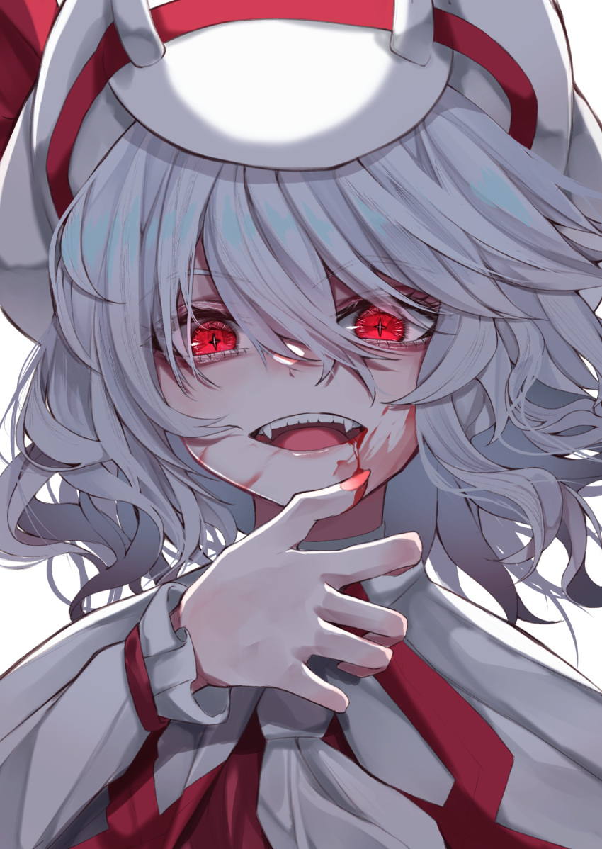 +_+ 1girl blood blood_on_face blood_on_fingers bow capelet dress eyebrows_visible_through_hair eyes_visible_through_hair fall_dommmmmer fangs finger_to_chin hair_between_eyes hat hat_bow highres light_blue_hair long_sleeves open_mouth red_bow red_nails remilia_scarlet short_hair simple_background smile solo symbol-shaped_pupils touhou upper_body wavy_hair white_background white_dress white_headwear