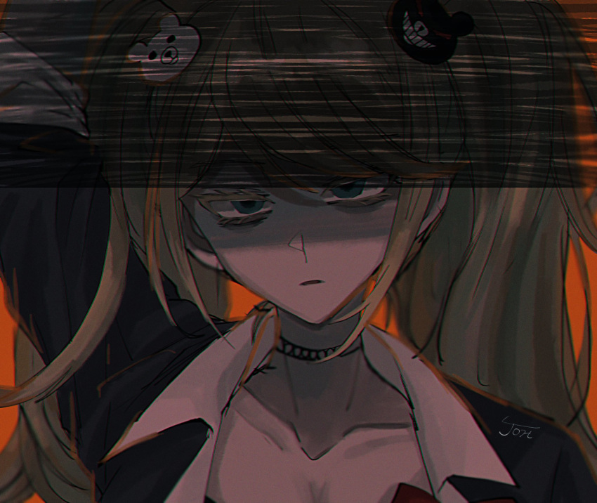 1girl arm_up bangs bear_hair_ornament blonde_hair blue_eyes breasts choker cleavage danganronpa danganronpa_1 enoshima_junko hair_ornament half-closed_eyes highres joh_pierrot long_hair open_mouth orange_background sidelocks signature solo twintails upper_body