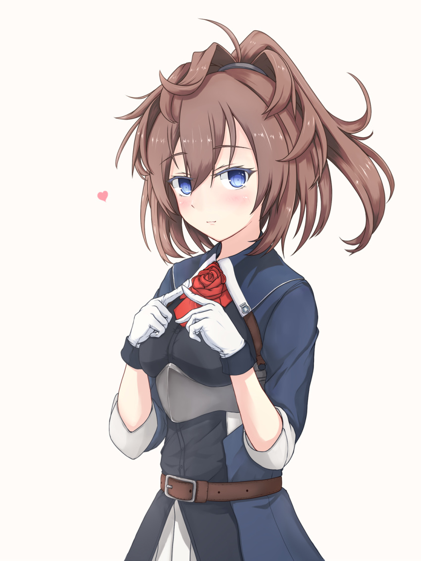 1girl ascot belt blue_eyes blue_shirt breasts brown_belt brown_hair flower gloves hair_between_eyes heart highres kantai_collection long_hair ponytail red_flower red_neckwear red_rose rose sheffield_(kantai_collection) shirt short_sleeves small_breasts solo upper_body white_gloves yakuto007