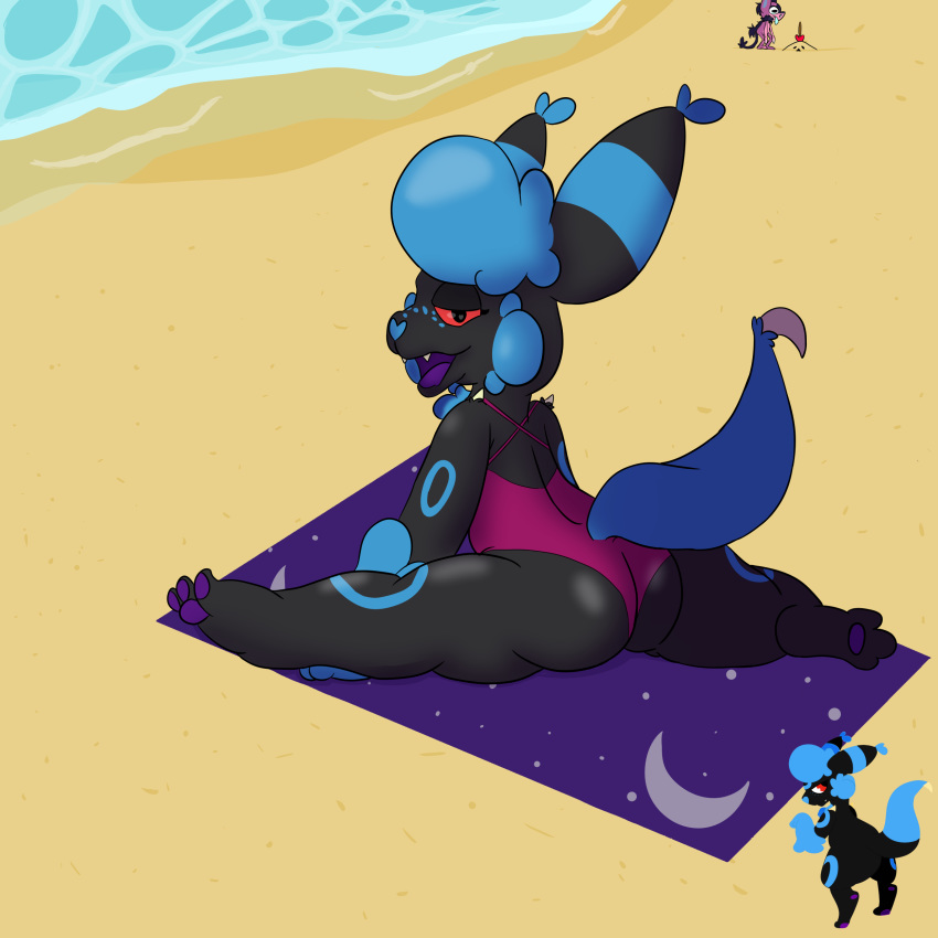 &lt;3 1:1 2020 absurd_res anthro beach bikini black_body black_eyes black_fur blue_freckles blue_hair blue_nose butt clothed clothing digital_media_(artwork) eeveelution fangs female fluffy fluffy_cheeks fluffy_hair freckles fur hair heart_nose hi_res impidimp looking_at_viewer midnight_drawings midnight_umbreon nintendo open_mouth paws pok&eacute;mon pok&eacute;mon_(species) purple_paws red_sclera sand sand_castle sandygast sculpture sea seaside shiny_pok&eacute;mon smile smug smug_face spikes swimwear thick_thighs towel umbreon video_games water watermark