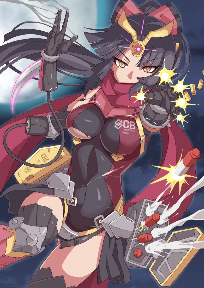 1girl beam_cannon black_hair breasts covered_navel fate/grand_order fate_(series) finger_cannon firing full_moon gun highres joints katou_danzou_(fate/grand_order) long_hair medium_breasts missile missile_pod moon ponytail robot_joints rocket_punch scarf shell_casing smoke smoking_gun v-fin weapon xiafuizui yellow_eyes