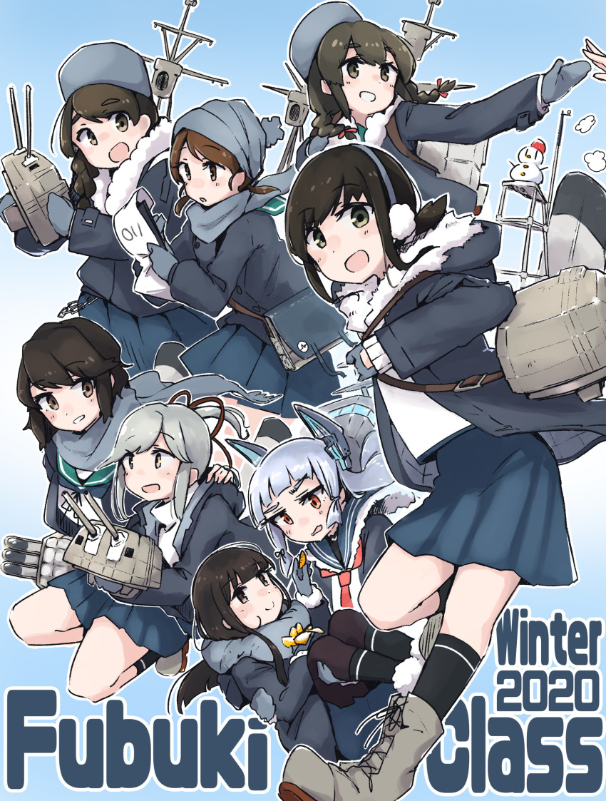 2020 6+girls absurdres bangs black_hair black_legwear blue_background blue_headwear blue_jacket blue_skirt blush braid brown_hair eyebrows_visible_through_hair fubuki_(kantai_collection) fur-trimmed_jacket fur_trim grey_hair grin hair_ribbon hat hatsuyuki_(kantai_collection) headgear highres hood hooded_jacket isonami_(kantai_collection) jacket kantai_collection kneehighs long_hair long_sleeves low_ponytail ma_rukan miyuki_(kantai_collection) multiple_girls murakumo_(kantai_collection) open_mouth ponytail ribbon rigging sailor_collar scarf school_uniform serafuku shirayuki_(kantai_collection) short_hair short_ponytail sidelocks silver_hair simple_background single_braid skirt smile tress_ribbon twin_braids uranami_(kantai_collection) usugumo_(kantai_collection)