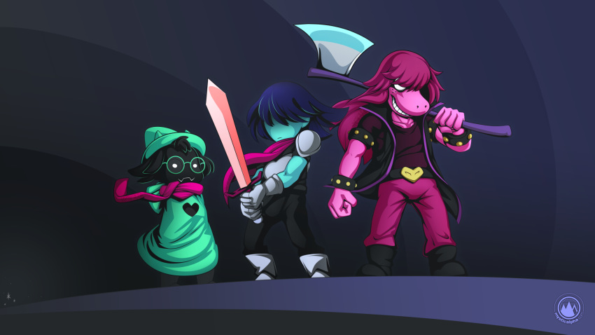 16:9 2018 anthro axe belt boots bovid caprine clothing deltarune eyewear female footwear fur glasses gloves group handwear hat headgear headwear hi_res human jacket kris_(deltarune) male mammal melee_weapon mysticalpha ralsei robe scalie scarf susie_(deltarune) sword text topwear url video_games weapon widescreen