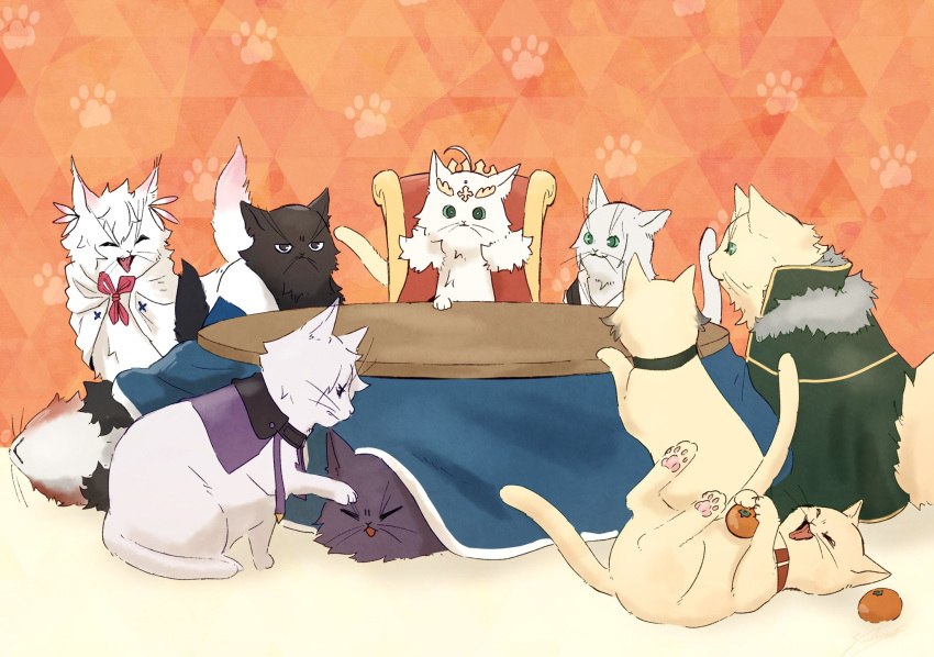 agravain_(fate) animal animalization artoria_pendragon_(all) artoria_pendragon_(lancer) bedivere black_fur cape cat crown fate/grand_order fate_(series) food fruit galahad_(fate) gareth_(fate/grand_order) gawain_(fate/extra) highres kotatsu lancelot_(fate/grand_order) mandarin_orange merlin_(fate) mordred_(fate)_(all) paw_print round_table table tristan_(fate/grand_order) white_fur y_udumi yellow_fur