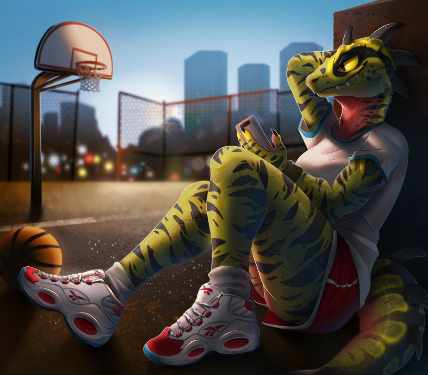 2020 anthro ball basketball_(ball) basketball_hoop bottomwear building cellphone city clothed clothing female fivel footwear hand_behind_head holding_cellphone holding_object holding_phone lizard outside phone reebok reptile scalie shirt shoes shorts smile sneakers socks solo spikes spikes_(anatomy) topwear