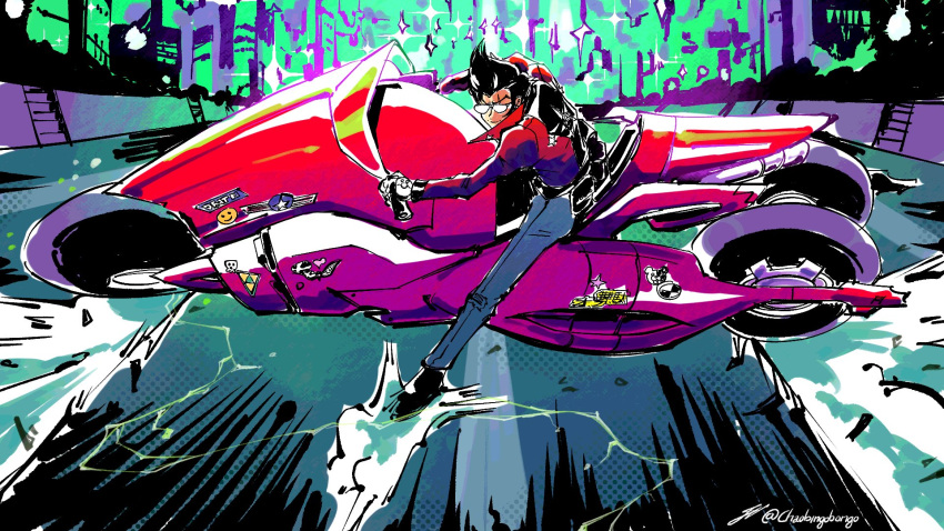 1boy 4th_chaos_emerald akira black_hair city crossover denim english_commentary glasses ground_vehicle highres jacket jeans kaneda_shoutarou's_bike motor_vehicle motorcycle no_more_heroes pants parody pompadour red_jacket sliding smirk solo travis_touchdown twitter_username