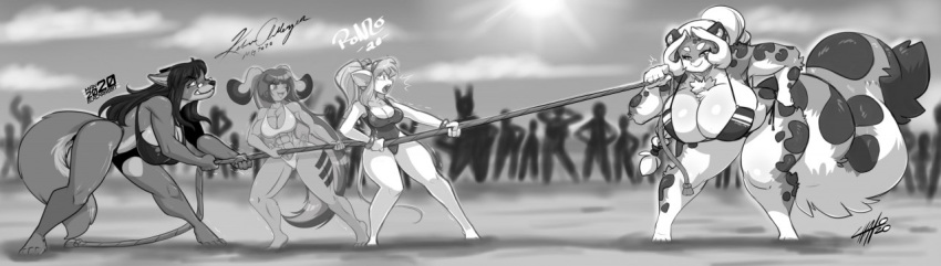 anthro beach big_breasts bikini breasts canid canine canis chalo cleavage clothed clothing crossover crowd felid female greyscale group hair jazmin_usagi lagomorph las_lindas leporid lion long_hair mammal mastergodai max_blackrabbit monochrome mouse murid murine open_mouth pantherine rabbit rascals raven_hunt rodent seaside shonuff smile squeek swimwear thick_thighs tila_sunrise tug_of_war webcomic wolf