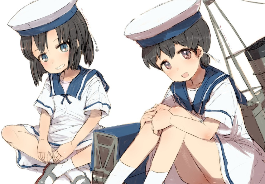 2girls alchera black_hair blue_eyes bob_cut box brown_eyes daitou_(kantai_collection) dress grin hat hiburi_(kantai_collection) high_ponytail kantai_collection looking_at_viewer low_ponytail machinery multiple_girls sailor_collar sailor_dress sailor_hat shoes short_hair short_sleeves sidelocks sitting smile socks uwabaki white_dress white_legwear