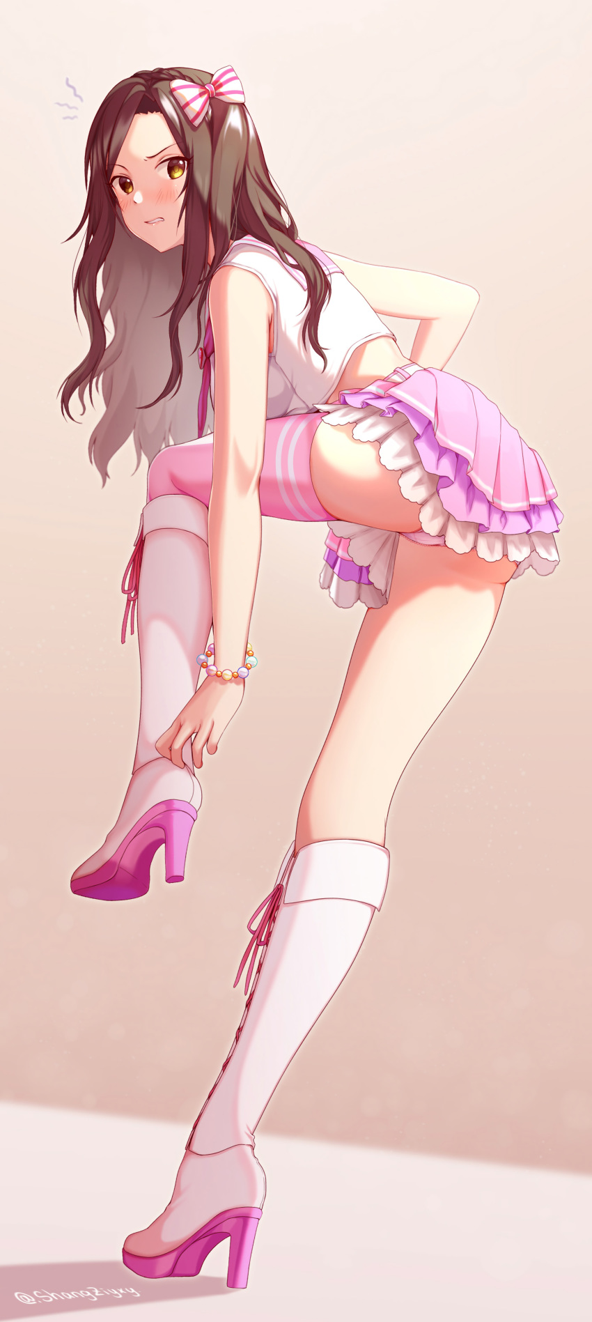 1girl absurdres blush boots bow bracelet breasts brown_eyes brown_hair embarrassed frilled_skirt frills hair_bow high_heel_boots high_heels highres idolmaster idolmaster_cinderella_girls jewelry knee_boots large_breasts leg_up long_hair looking_back midriff mukai_takumi panties pink_background pink_legwear pink_panties pink_skirt pleated_skirt sailor_collar shangziyxy shirt single_thighhigh skirt solo striped striped_bow thighhighs twitter_username underwear white_bow white_footwear white_shirt