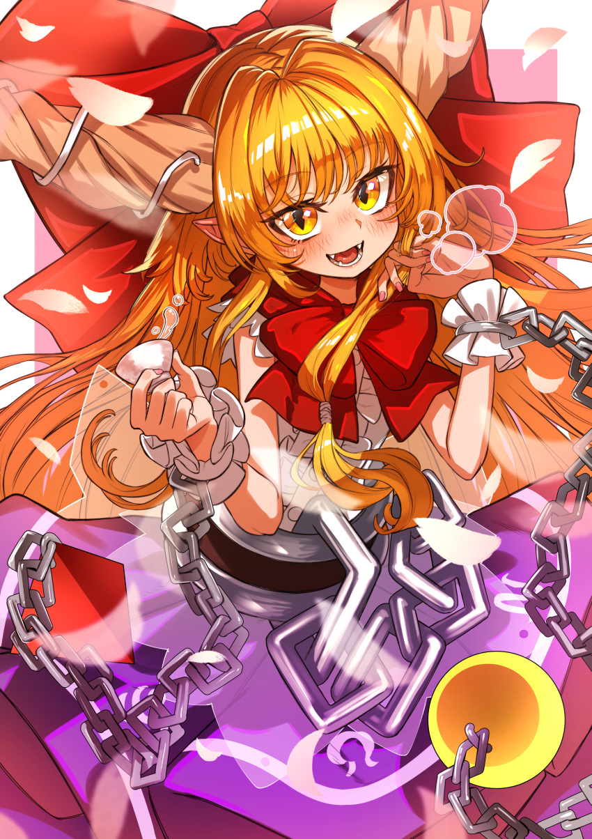 1girl absurdres alcohol bangs belt black_belt blush bow bowtie breath buttons center_frills chain cube cuffs cup eyebrows_visible_through_hair fangs frilled_cuffs frills fuji_tarawi hair_bow hair_ribbon hands_up highres holding holding_cup horn_ornament horn_ribbon horns ibuki_suika large_bow long_hair looking_at_viewer neckerchief nose_blush oni_horns open_mouth orange_eyes orange_hair petals pink_nails pointy_ears purple_skirt pyramid_(geometry) red_bow red_neckwear ribbon sakazuki sake shackles shirt sidelocks skirt sleeveless sleeveless_shirt slit_pupils solo sphere tongue torn_clothes torn_sleeves touhou tress_ribbon very_long_hair white_ribbon white_shirt wrist_cuffs yellow_eyes