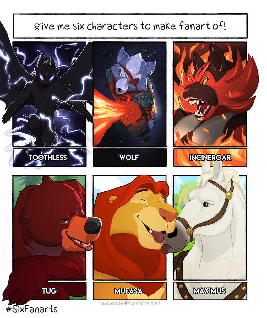 canid canine canis disney dragon dreamworks english_text equid equine felid hi_res horse how_to_train_your_dragon incineroar kissing lion male male/male mammal maximus meme misterstallion mufasa nintendo pantherine pok&eacute;mon pok&eacute;mon_(species) six_fanarts_challenge star_fox tangled_(disney) text the_lion_king toothless tug_(brother_bear) ursid video_games wolf wolf_o'donnell