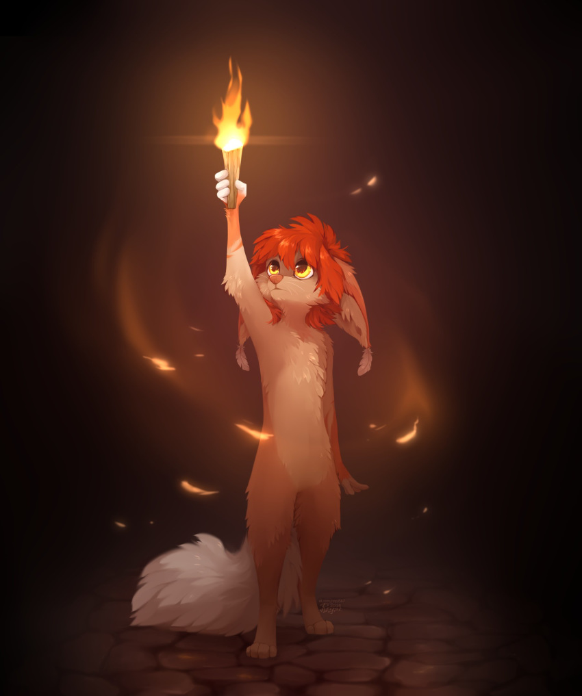 2018 4_fingers 4_toes ambiguous_gender digital_media_(artwork) feral fingers fire fur hair hi_res orange_hair reysi solo tan_body tan_fur toes torch yellow_eyes