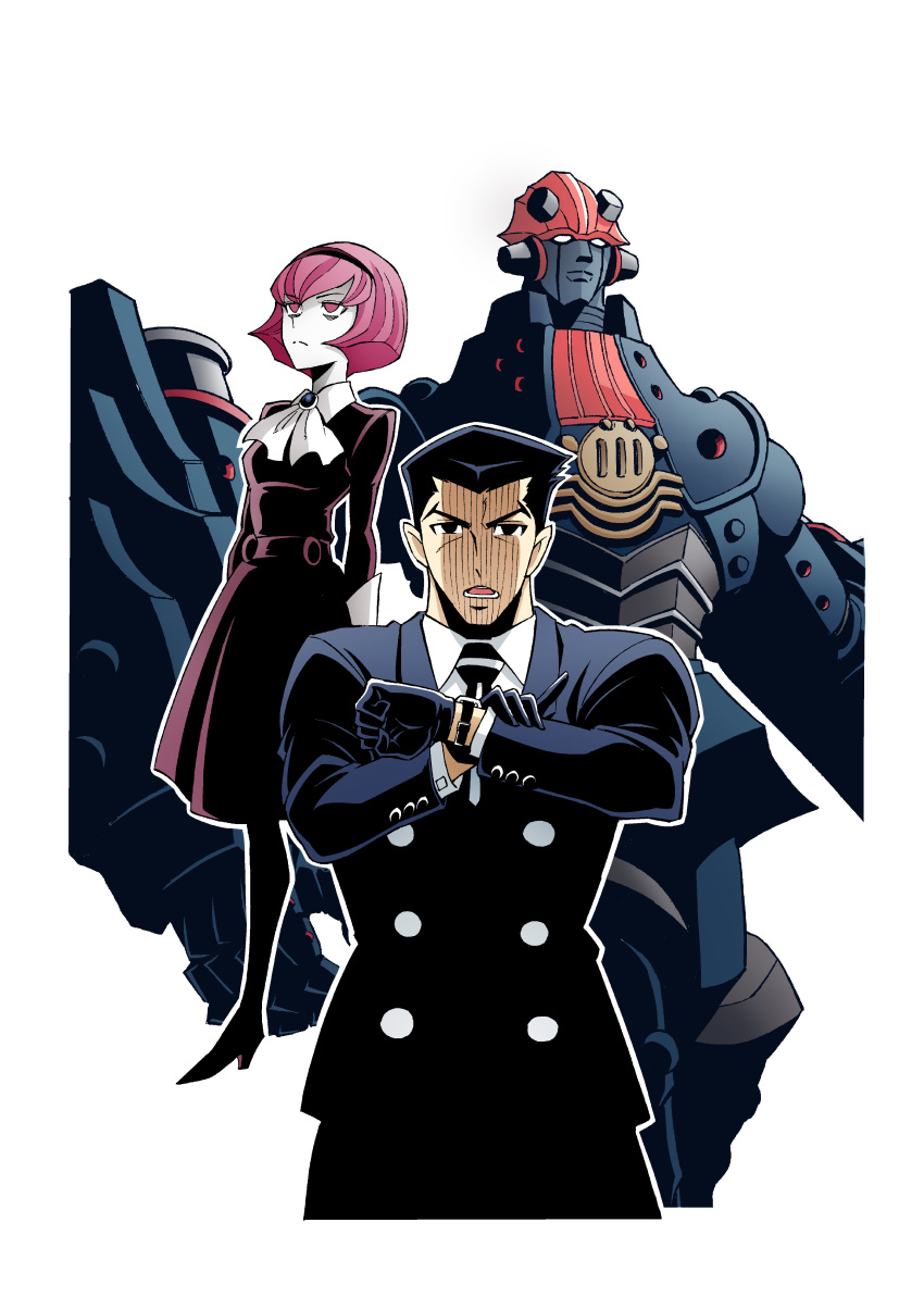 1boy 1girl absurdres big_o_(mecha) black_eyes black_gloves black_hair black_hairband black_neckwear black_suit closed_mouth colored_skin demi_(pixiv22036971) formal gloves hairband hatching_(texture) high_heels highres mecha open_mouth outline pink_hair r_dorothy_wayneright roger_smith short_hair simple_background standing striped striped_neckwear suit teeth the_big_o watch white_background white_outline white_skin