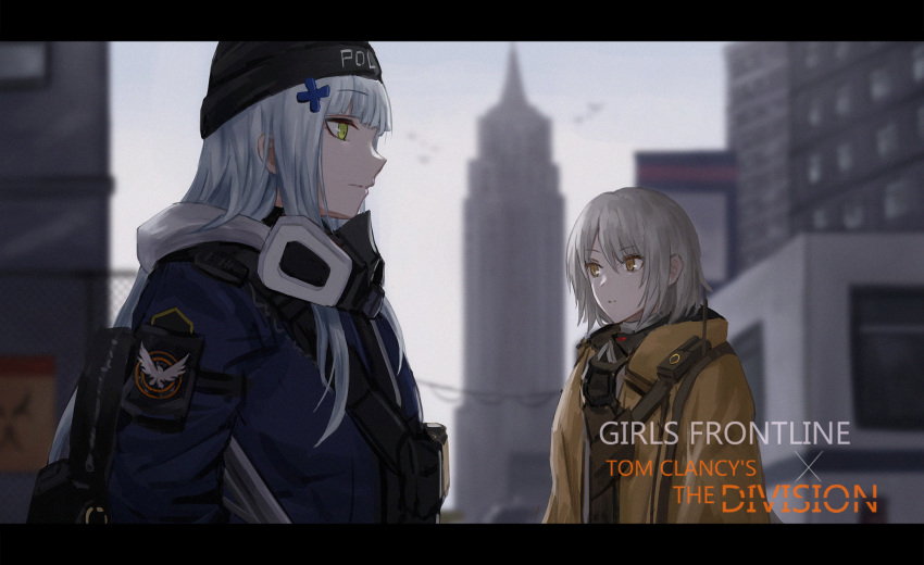 2girls agent_416_(girls_frontline) agent_vector_(girls_frontline) bangs black_headwear blue_hair blue_jacket city closed_mouth copyright_name english_text eyebrows_visible_through_hair gas_mask girls_frontline green_eyes grey_hair hat highres hk416_(girls_frontline) jacket long_hair looking_away medium_hair multiple_girls selcky silver_hair tom_clancy's_the_division uniform vector_(girls_frontline) yellow_eyes yellow_jacket