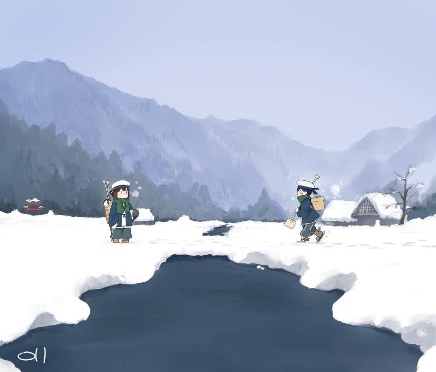 2girls bag bangs basket blue_hair blue_jacket blush breath brown_hair daitou_(kantai_collection) day green_scarf hair_ribbon hat hiburi_(kantai_collection) highres jacket kantai_collection long_sleeves ma_rukan mountain multiple_girls outdoors pants ponytail ribbon sailor_collar sailor_hat scarf short_ponytail signature snow snowshoes standing tree walking water