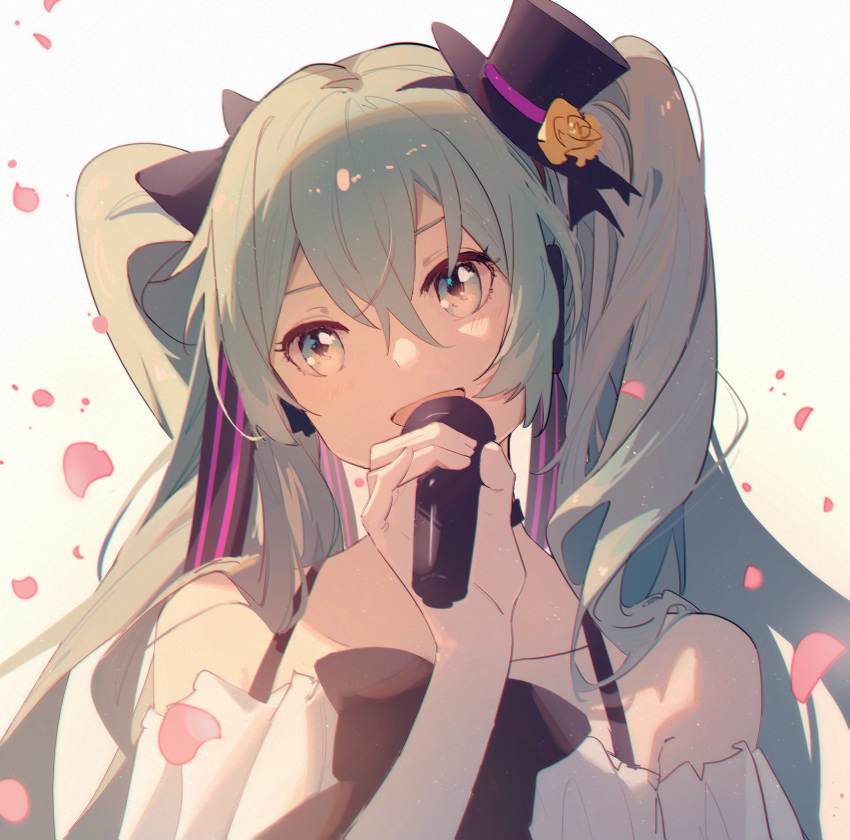 1girl aqua_eyes aqua_hair bare_shoulders black_headwear cherry_blossoms chinese_commentary commentary dress dress_bow elbow_gloves falling_petals flower gloves hat hat_flower hatsune_miku highres holding holding_microphone hua_ben_wuming long_hair microphone mini_hat mini_top_hat open_mouth petals portrait rose smile solo strapless strapless_dress top_hat twintails vocaloid white_dress white_gloves yellow_flower yellow_rose