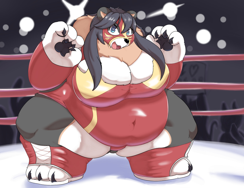 absurd_res anthro arena belly belly_overhang black_bear black_body black_fur black_hair black_nose blue_eyes boots breasts claws clothing crowd female fighting_ring footwear fur group hair hi_res homemosaco long_hair mammal multicolored_body multicolored_ears navel obese obese_anthro obese_female overweight overweight_anthro overweight_female pawpads pose rubber smiling_at_viewer solo strongfat tan_body tan_fur tuft ursid ursine white_body white_fur wrestler wrestling