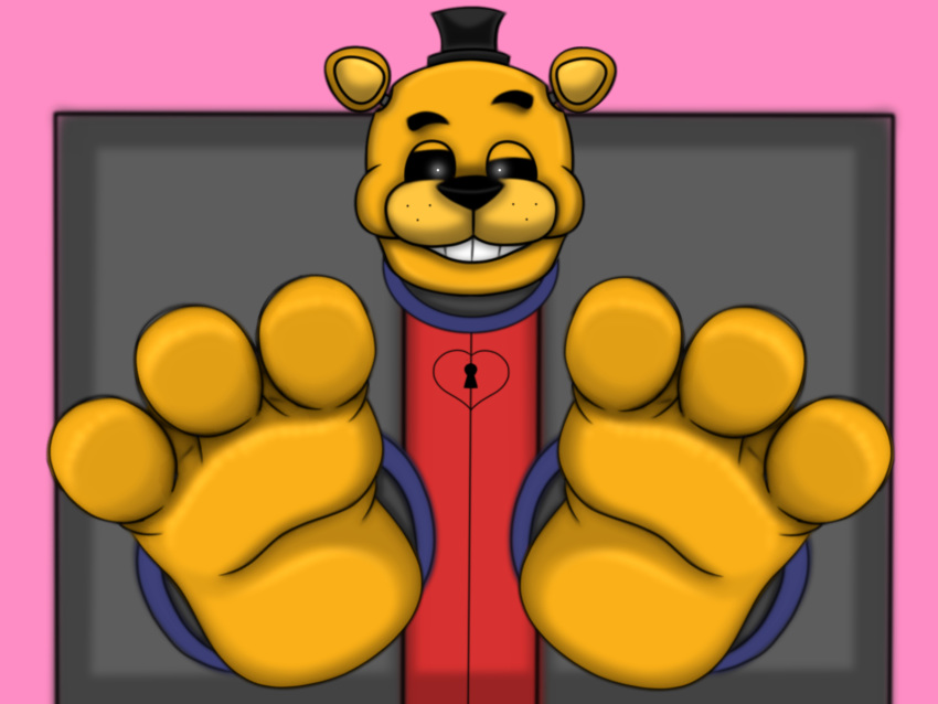 2020 3_toes 4:3 animatronic anthro bdsm big_feet black_sclera bondage bound clothing feet five_nights_at_freddy's foot_fetish foot_focus golden_freddy_(fnaf) half-closed_eyes hat headgear headwear hi_res locked locked_up looking_at_viewer machine male mammal narrowed_eyes pink_background robot round_ears simple_background smashcuenta123 smile solo teeth toes top_hat ursid video_games white_eyes yellow_body