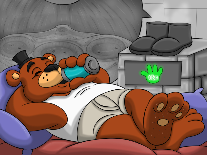 2019 3_toes 4:3 4_fingers ambiguous_gender anthro barefoot bed bedroom beverage beverage_can bodily_fluids boots brown_body brown_fur can chubby_male clothed clothing crossed_legs drinking english_text eyes_closed feet fingers five_nights_at_freddy's foot_fetish foot_focus footwear freddy_(fnaf) freddy_in_space_2 fur furniture grey_body group hat headgear headwear hi_res in_shoe lying male male/ambiguous male_focus mammal micro on_back on_bed open_mouth pawpads paws pillow round_ears shirt size_difference slightly_chubby smashcuenta123 smile sweat sweaty_feet text toes top_hat topwear underwear ursid video_games