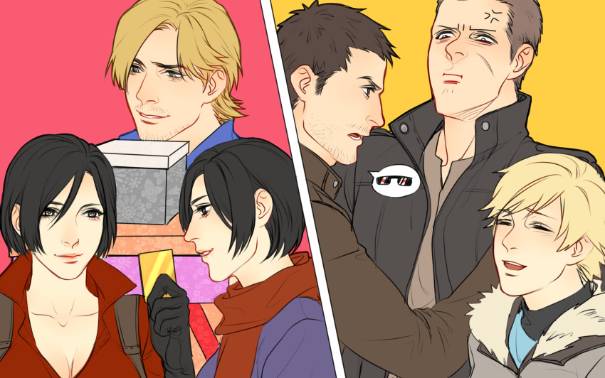 3boys 3girls ada_wong anger_vein black_hair blonde_hair breasts brown_hair cang_fade carla_radames chris_redfield cleavage credit_card crew_cut facial_hair fur_collar gift highres jacket jake_muller leon_s_kennedy multiple_boys multiple_girls pout red_scarf resident_evil resident_evil_6 scar scar_on_cheek scar_on_face scarf sherry_birkin short_hair stubble