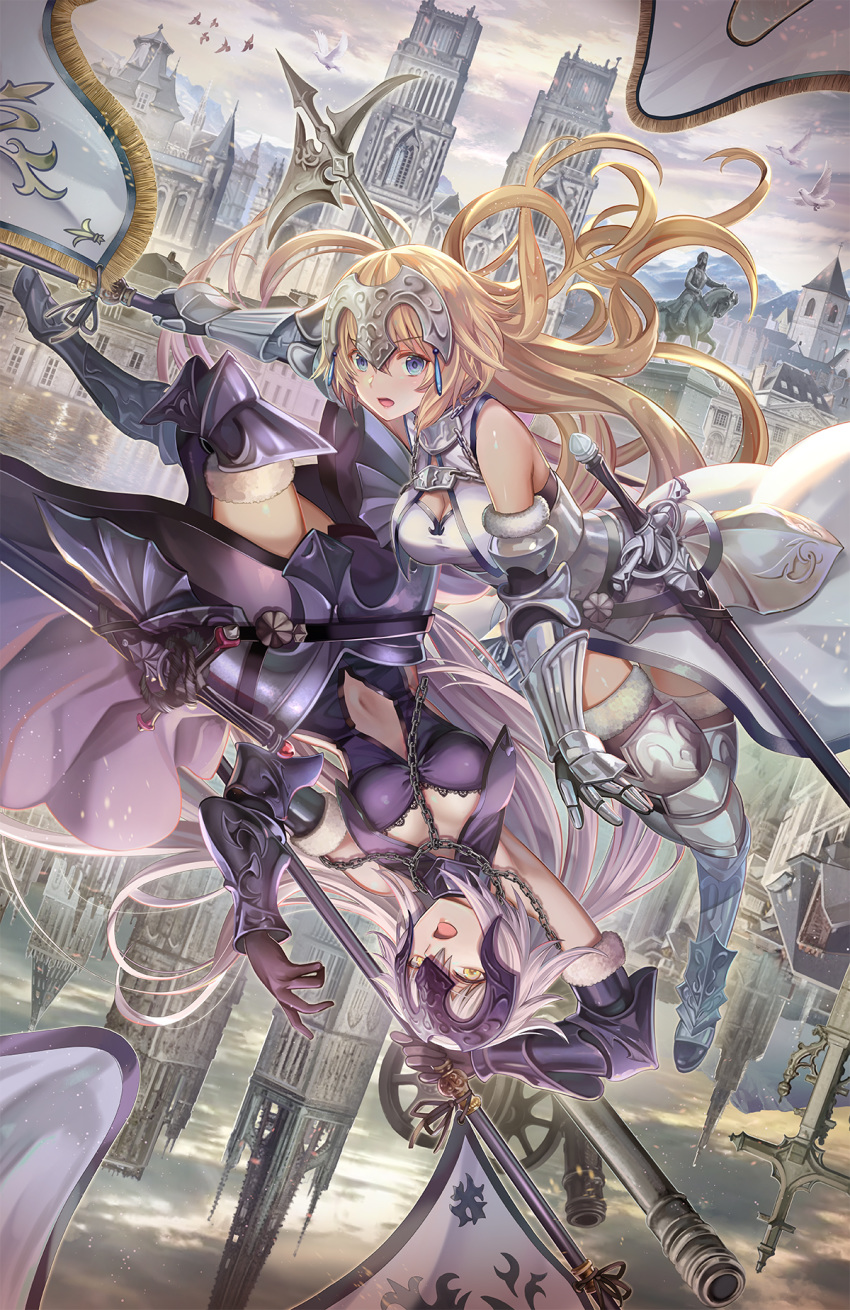 2girls ahoge armor armored_dress bangs blonde_hair blue_eyes blush braid breasts cape cleavage commentary dress eyebrows_visible_through_hair fate/apocrypha fate_(series) fur-trimmed_cape fur_collar fur_trim gauntlets headpiece highres jeanne_d'arc_(alter)_(fate) jeanne_d'arc_(fate) jeanne_d'arc_(fate)_(all) large_breasts long_hair looking_at_viewer medium_breasts multiple_girls open_mouth outdoors revision short_hair silver_hair single_braid standard_bearer sword thighhighs torino_akua tsurime very_long_hair weapon yellow_eyes