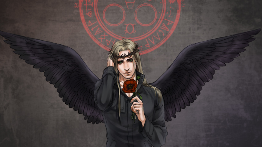 1boy black_wings blonde_hair blood cang_fade crown_of_thorns facial_hair green_eyes halo_of_the_sun hand_in_hair highres long_hair magic_circle male_focus poppy silent_hill silent_hill_4 solo stubble walter_sullivan wings
