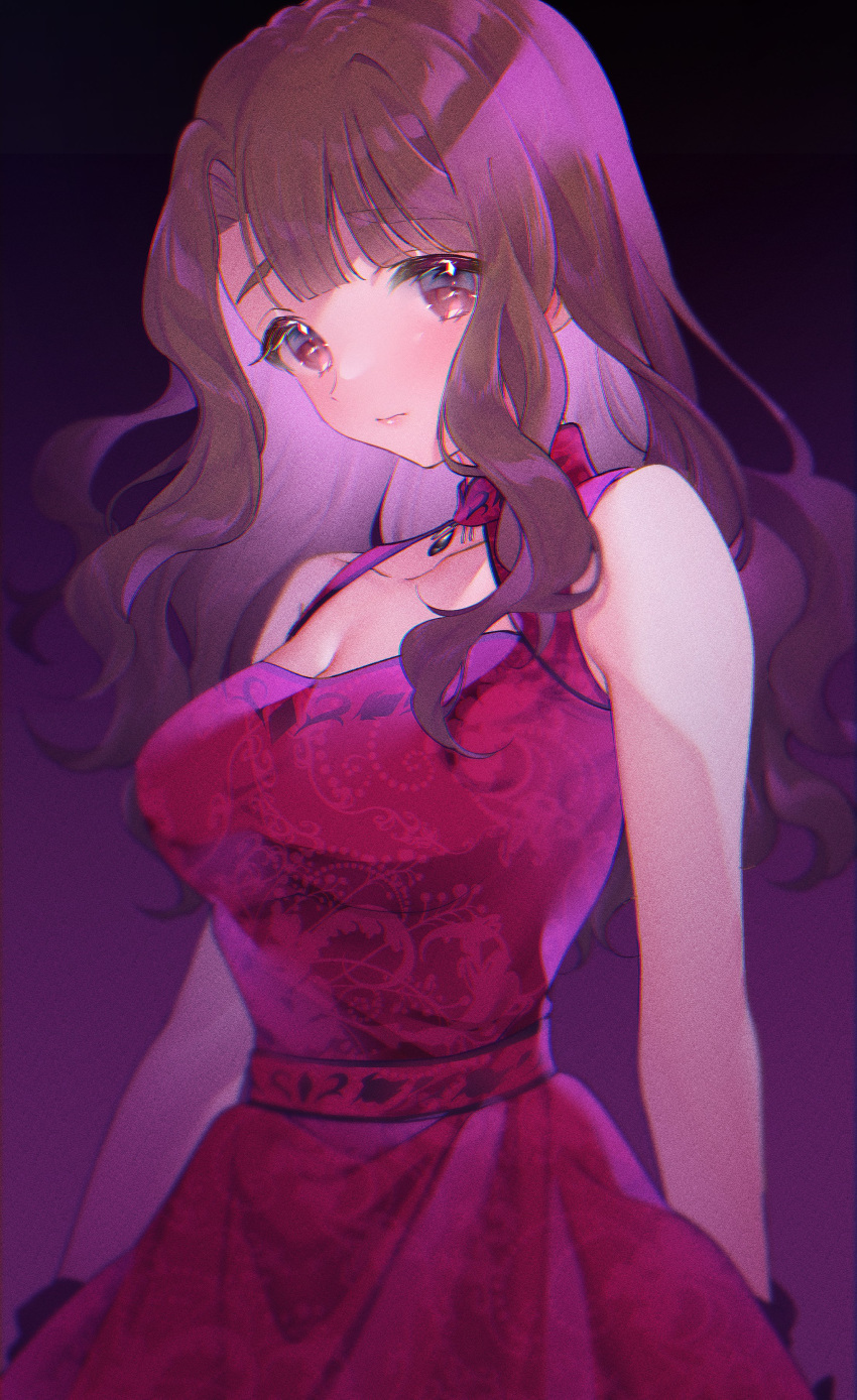 1girl absurdres bangs bare_shoulders black_background black_gloves blunt_bangs blurry breasts brown_eyes brown_hair chromatic_aberration cleavage closed_mouth collarbone commentary_request cowboy_shot depth_of_field dress eyebrows_visible_through_hair film_grain floral_print gloves gradient gradient_background highres idolmaster idolmaster_million_live! idolmaster_million_live!_theater_days large_breasts long_hair looking_at_viewer miyao_miya print_dress purple_background red_dress shiguri sidelocks sleeveless sleeveless_dress solo standing thick_eyebrows wavy_hair