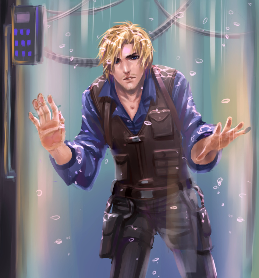 1boy against_glass belt_pouch blonde_hair blue_eyes blue_shirt brown_hair cang_fade facial_hair highres leon_s_kennedy looking_at_viewer male_focus pouch resident_evil shirt solo stubble submerged vest