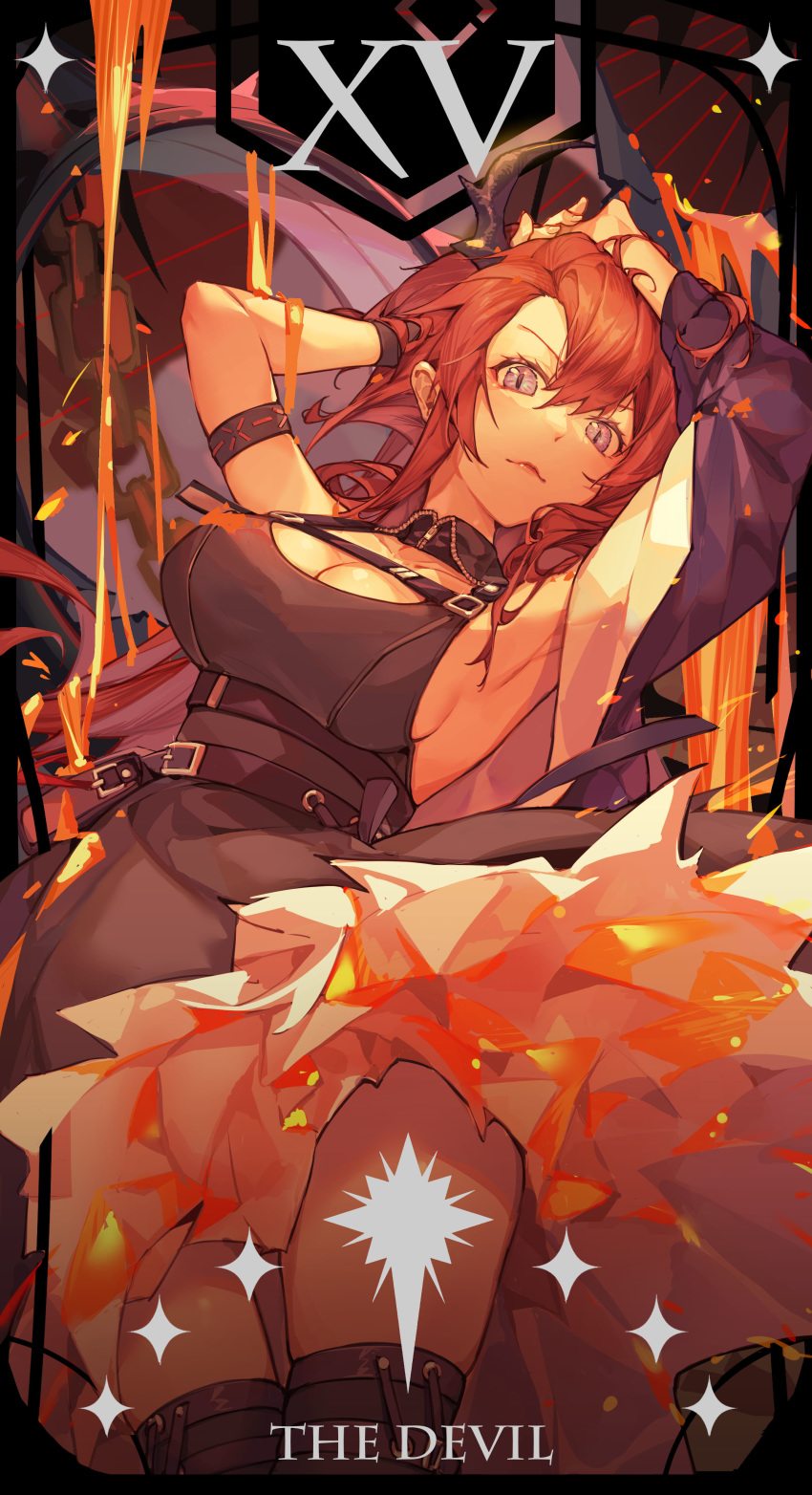 1girl absurdres arknights armband belt black_belt black_dress blue_eyes breasts chest_belt demon_girl demon_horns dress fire hair_intakes highres horns kotatsu_kaya looking_at_viewer medium_hair molten_rock purple_eyes red_hair sideboob skirt star_(symbol) surtr_(arknights) tarot