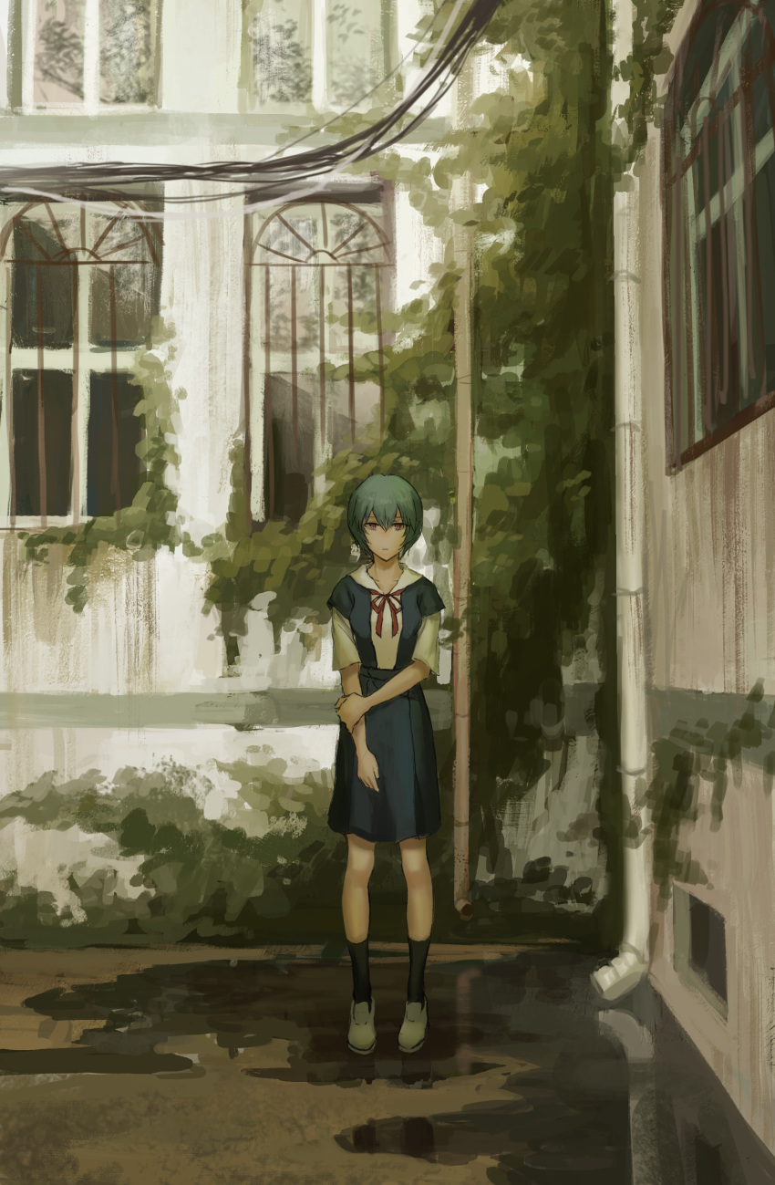 1girl absurdres ayanami_rei bangs black_legwear blue_hair blue_skirt cable closed_mouth drainpipe expressionless full_body hair_between_eyes hand_on_own_arm highres looking_at_viewer neck_ribbon neon_genesis_evangelion no_nose outdoors plant puddle red_eyes red_ribbon ribbon satou_koromi school_uniform shirt shoes short_hair short_sleeves skirt socks solo standing suspender_skirt suspenders white_footwear white_shirt window