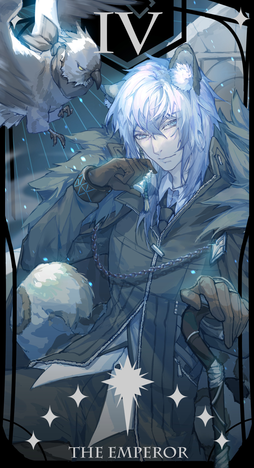 absurdres animal_ears arknights bird blue_eyes cape chess_piece fur-trimmed_cape fur_trim head_chain highres jacket king_(chess) kotatsu_kaya leopard_ears leopard_tail looking_at_viewer short_hair silver_hair silverash_(arknights) staff star_(symbol) tail tarot the_emperor