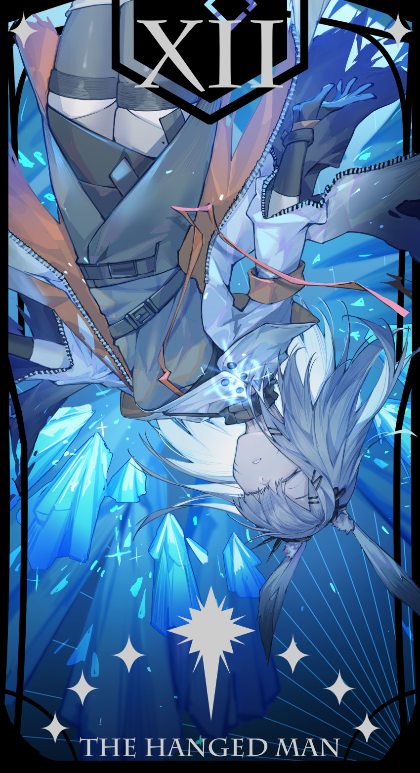 1girl absurdres animal_ear_fluff animal_ears arknights black_clothes bunny_ears cape closed_eyes frostnova_(arknights) highres ice kotatsu_kaya long_hair ring_hair_ornament scar scar_on_face scar_on_nose silver_hair star_(symbol) tarot white_cape