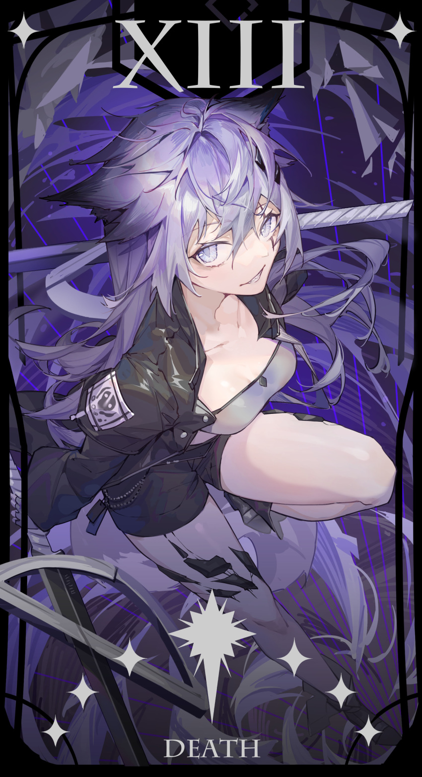 1girl absurdres animal_ear_fluff animal_ears arknights bare_legs black_coat black_jacket black_nails black_shorts coat grey_eyes hair_ornament hairclip highres holding jacket kotatsu_kaya lappland_(arknights) long_hair looking_at_viewer scar scar_across_eye shorts silver_eyes silver_hair star_(symbol) strapless sword tail tarot tubetop weapon wolf_ears wolf_tail