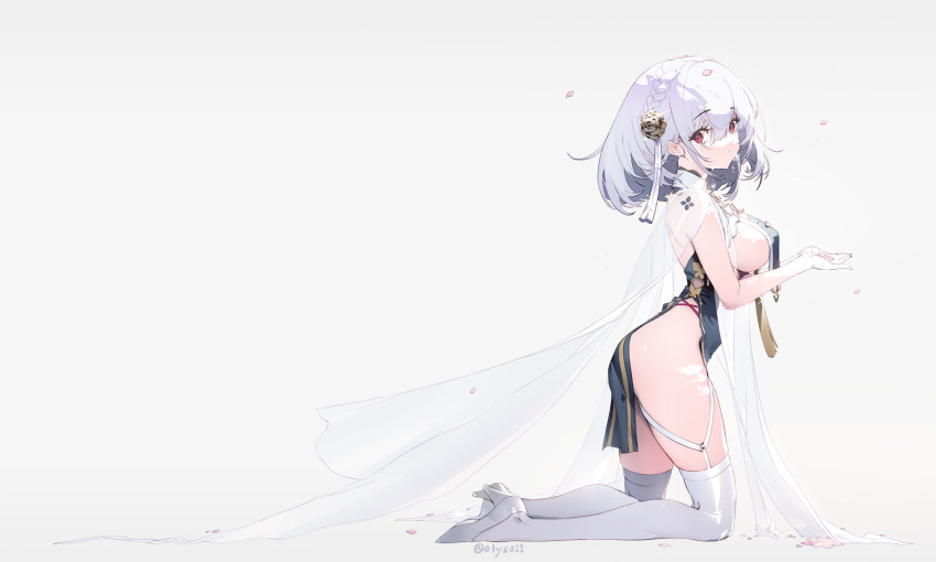 1girl azur_lane bangs blue_dress braid breast_curtains breasts cape china_dress chinese_clothes closed_mouth crying crying_with_eyes_open dress expressionless eyebrows_visible_through_hair flower from_side full_body garter_straps glint gloves grey_background grey_footwear hair_between_eyes hair_flower hair_ornament half_gloves hands_up high_heels highres kneeling large_breasts looking_at_viewer looking_to_the_side medium_hair official_alternate_costume olys outstretched_hand pelvic_curtain petals red_eyes revision rose see-through shoes side_slit sideboob sideways_glance silver_hair simple_background sirius_(azur_lane) sirius_(azure_horizons)_(azur_lane) sleeveless sleeveless_dress solo tears thighhighs twitter_username white_cape white_gloves white_legwear yellow_flower yellow_rose