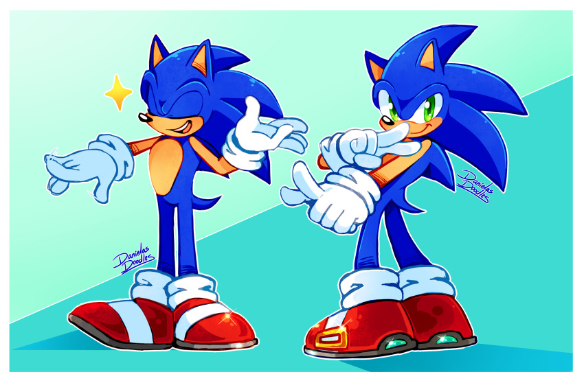 2020 5_fingers absurd_res anthro border clothing danielasdoodles eulipotyphlan eyes_closed fingers footwear gloves green_eyes handwear hedgehog hi_res male mammal open_mouth open_smile signature simple_background smile sonic_the_hedgehog sonic_the_hedgehog_(series) teeth video_games white_border