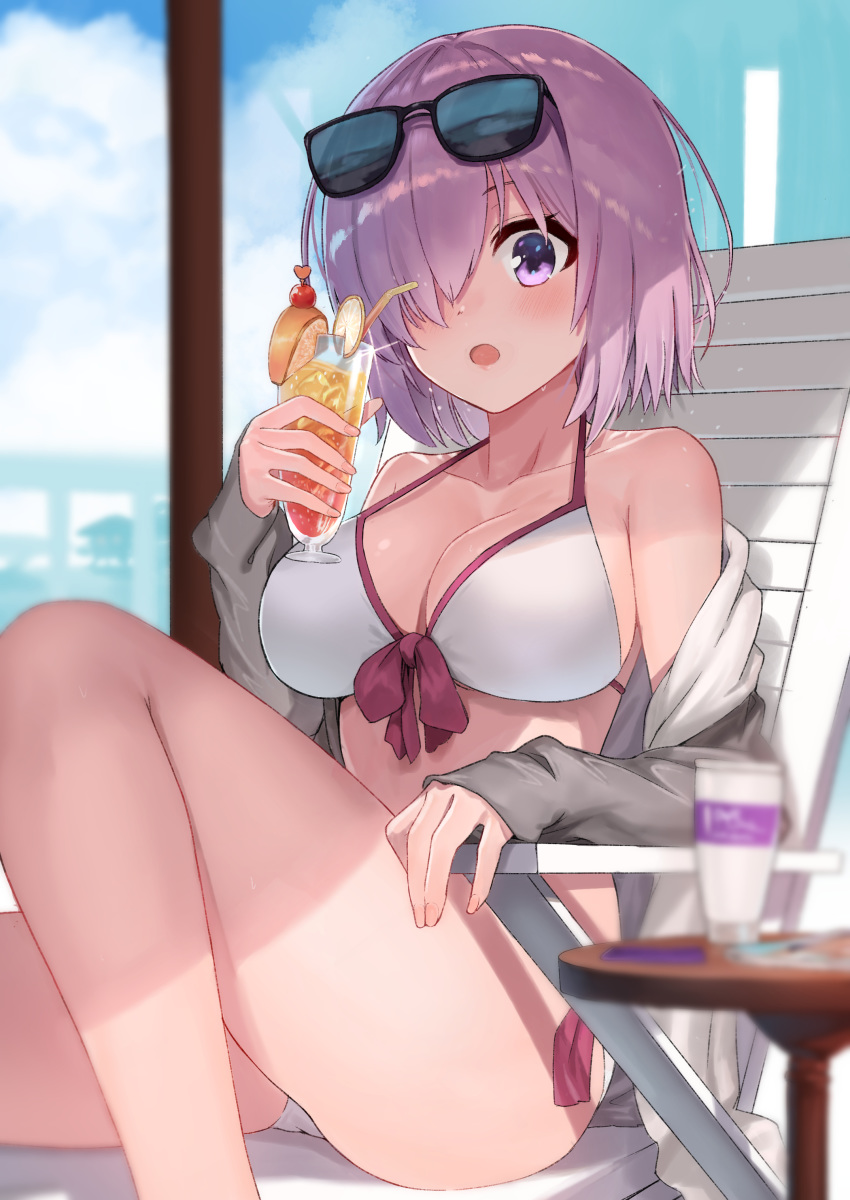 1girl :o absurdres ass ayul_(ayulneri_92) bare_shoulders bikini blurry breasts chair cleavage cup day depth_of_field drinking_glass drinking_straw eyewear_on_head fate/grand_order fate_(series) front-tie_bikini front-tie_top grey_jacket hair_over_one_eye halter_top halterneck highres holding jacket knee_up large_breasts light_purple_hair looking_at_viewer lounge_chair mash_kyrielight ocean off_shoulder open_clothes open_jacket open_mouth outdoors purple_eyes short_hair solo strap_gap sunglasses swimsuit swimsuit_of_perpetual_summer table thighs tropical_drink white_bikini