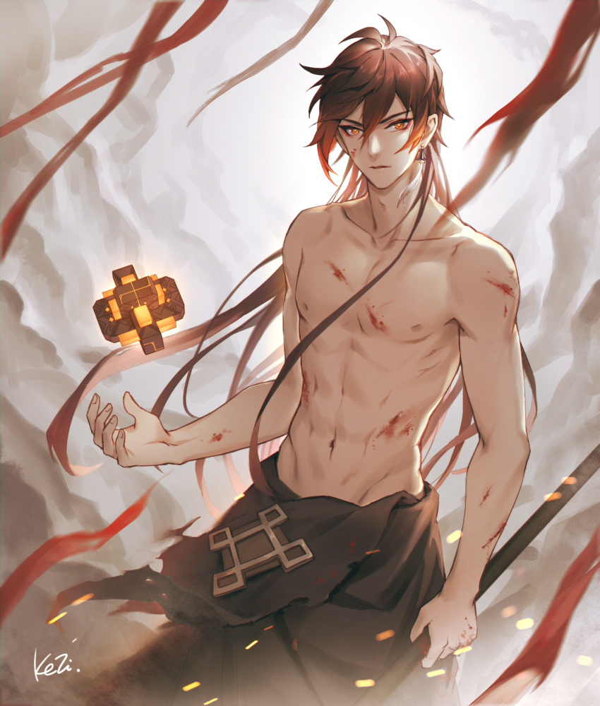 1boy abs bangs black_hair blood blood_stain bloody_hands bloody_weapon brown_hair cloud cloud_background cloudy_sky collarbone floating floating_object genshin_impact hair_between_eyes highres injury jewelry kezi long_hair looking_at_viewer male_focus multicolored_hair navel open_mouth rock shirtless single_earring skirt sky solo topless weapon yellow_eyes zhongli_(genshin_impact)