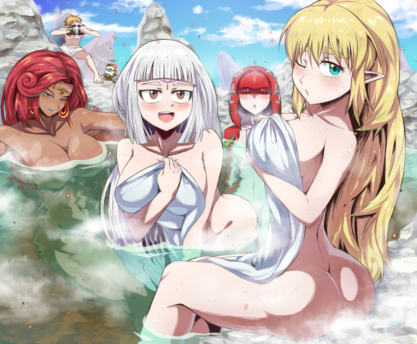 1boy 4girls ass blonde_hair blush breasts brown_eyes dark_skin dark_skinned_female gerudo green_eyes hair_down highres hyrule_warriors:_age_of_calamity impa large_breasts link long_hair looking_at_viewer mipha multiple_girls nude onsen pointy_ears princess_zelda rock sheikah_slate shimure_(460) smile terrako the_legend_of_zelda the_legend_of_zelda:_breath_of_the_wild urbosa water zora