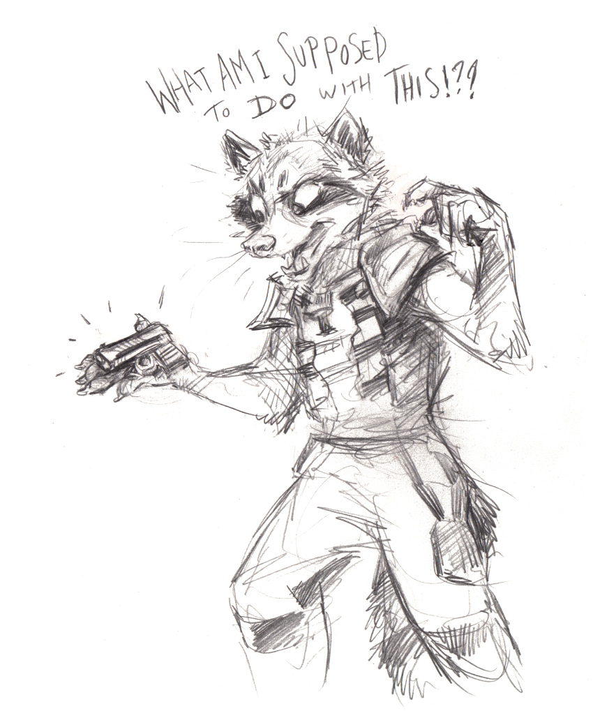 ?! absurd_res anthro bottomwear clothed clothing dialogue english_text fangs finger_claws fully_clothed fur guardians_of_the_galaxy gun hi_res holding_gun holding_object holding_weapon kenket male mammal marvel monochrome open_mouth pants procyonid raccoon ranged_weapon rocket_raccoon simple_background sketch solo standing text weapon white_background